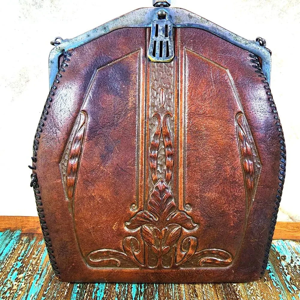 Vintage Leather Purse 1930s Hand Tooled Leaf Scroll Metal Clasp Brown Satchel